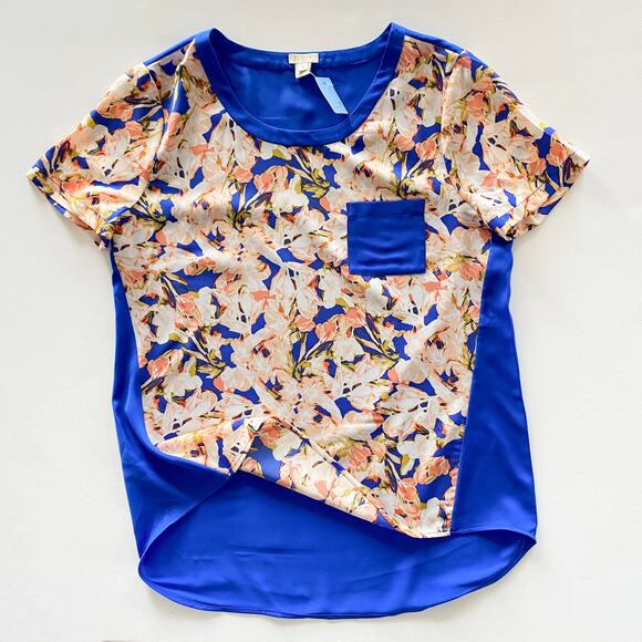 J.Crew : NEW Floral Smooth Woven Blouse High Low Royal Blue Trim : Small - Picture 1 of 10